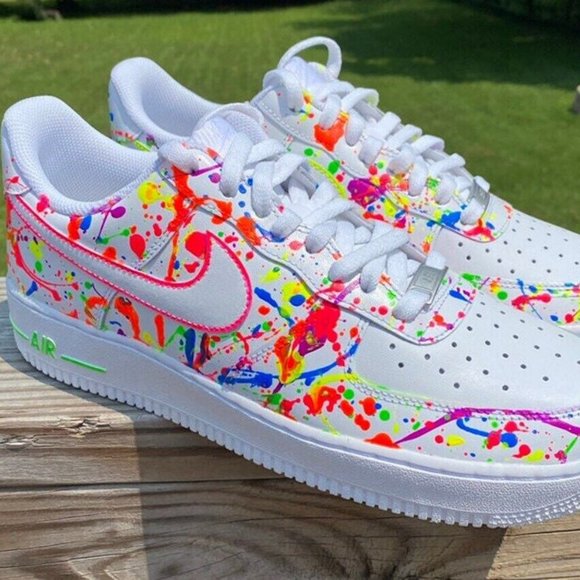 Nike Air Force Custom Fiery Neon Splatter Graffiti White Shoes